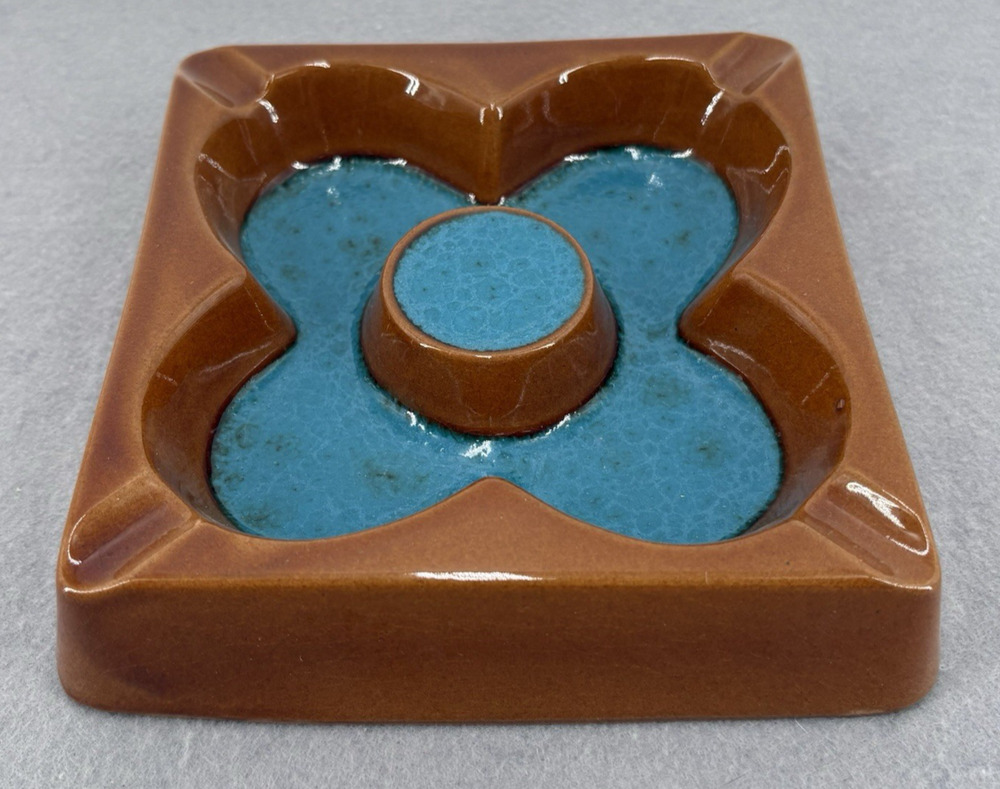 Vintage 1970s Large Blue Floral Square Ashtray Made In Japan Mid Century Modern